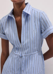 Blue Drawstring Waist Zip Neck Maxi Shirt Dress