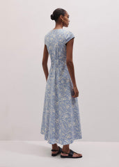 Blue Speckled Bloom Print Fit+Flare Maxi Dress