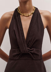 Brown Crease-Less Linen Twist Front Maxi Dress
