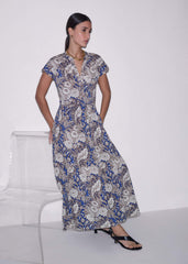 Blue Elaborate Botanical Tiered Maxi Dress
