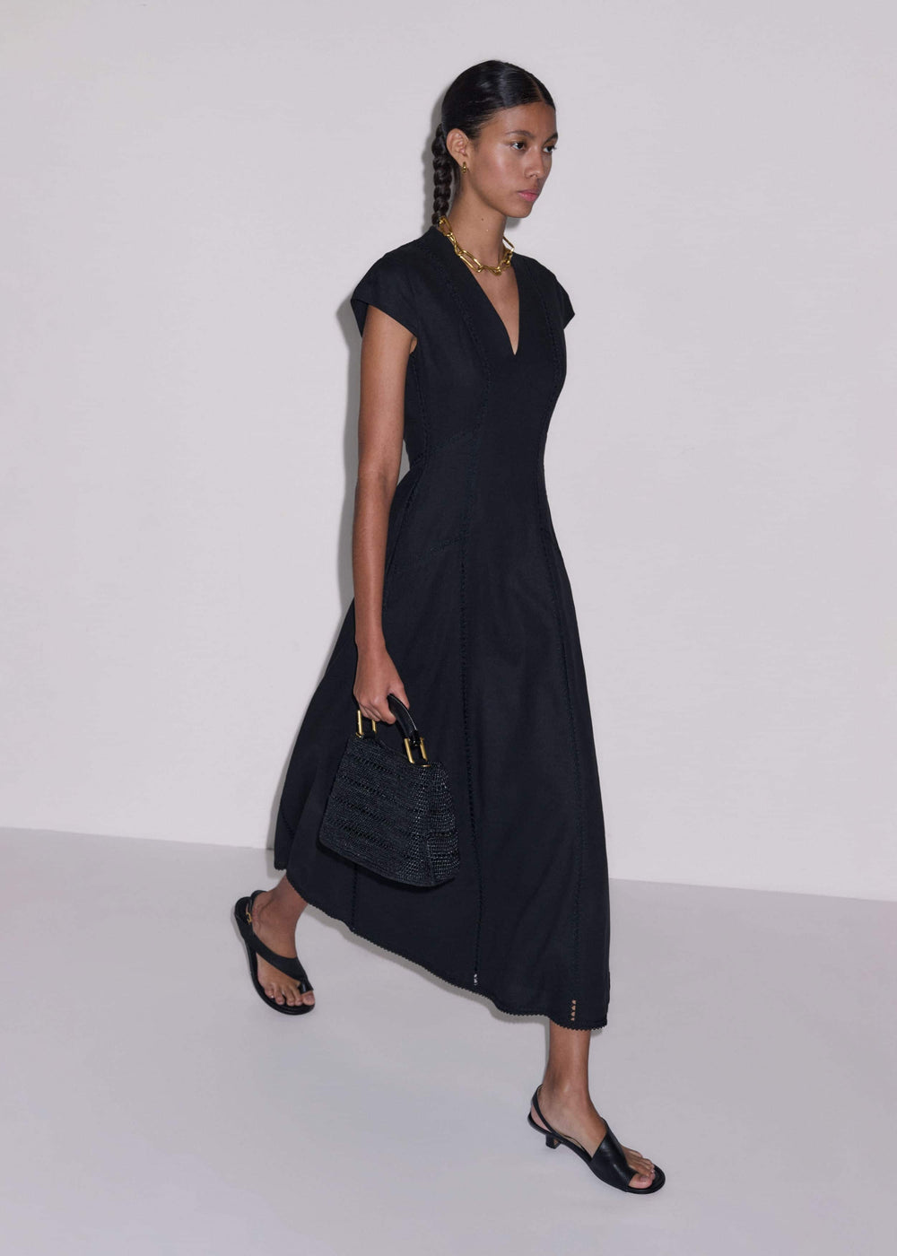 Black Crease-Less Linen Embroidered Maxi Dress