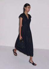 Black Crease-Less Linen Embroidered Maxi Dress