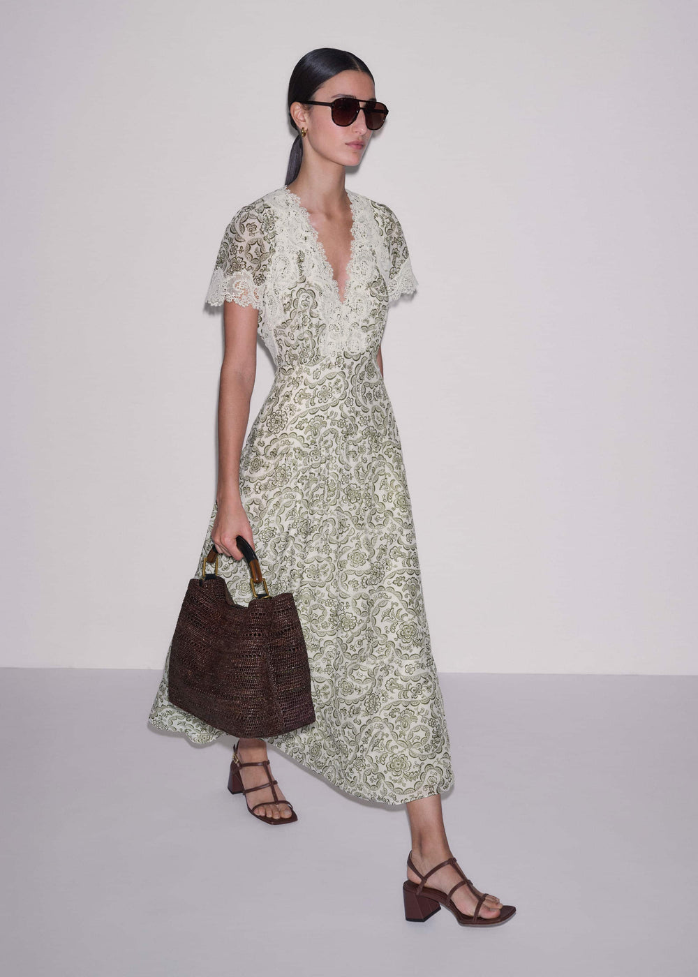 Green Silk Cotton Lace Trim Maxi Dress
