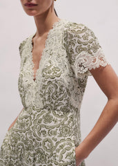 Green Silk Cotton Lace Trim Maxi Dress