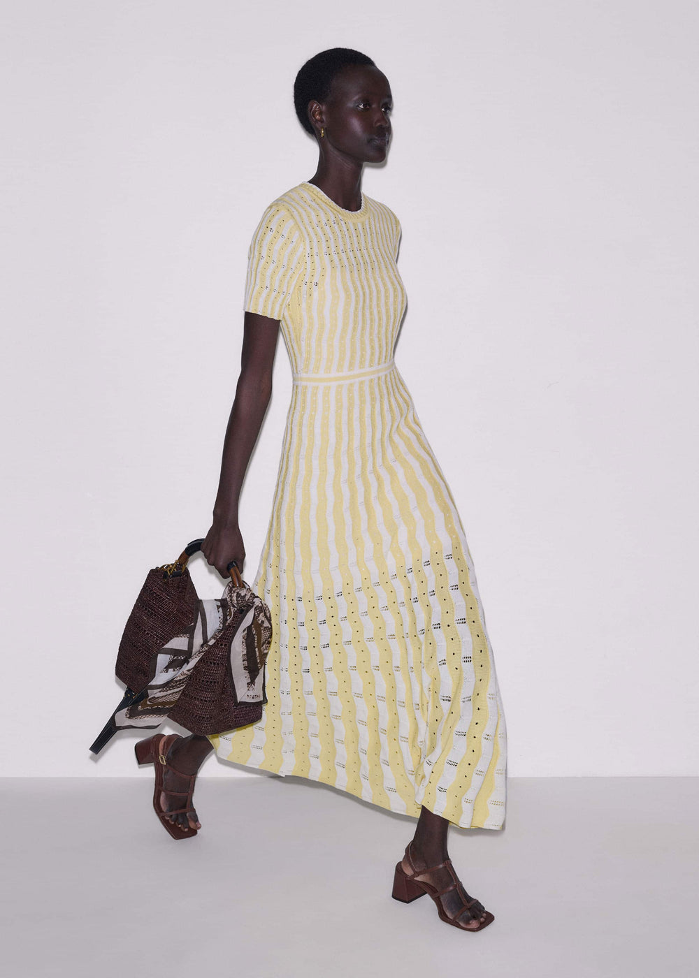 Yellow Textured Pointelle Stripe Knit Maxi Dress