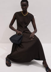 Brown Draped Waist Clever Pleat Maxi Dress