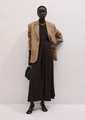 Brown Draped Waist Clever Pleat Maxi Dress