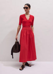 Red V-Neck Smocked Skirt Mixed Media Maxi Dress