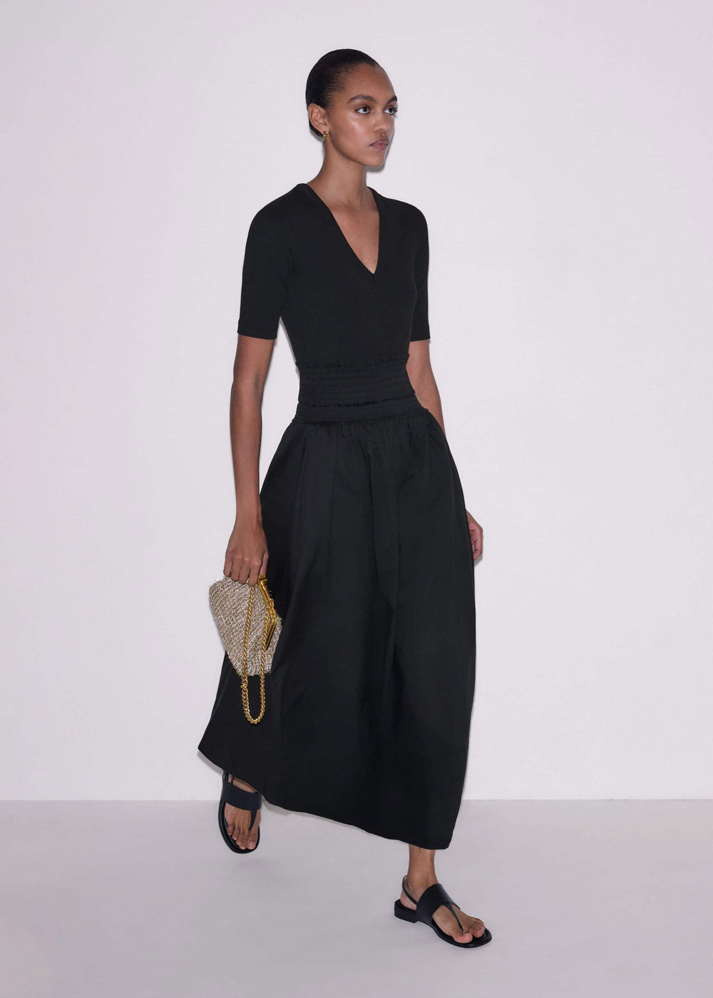 Black V-Neck Smocked Skirt Mixed Media Maxi Dress