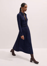 Navy Houndstooth Jacquard Ponte Zip Neck Maxi Dress