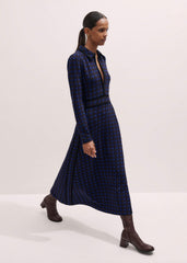 Navy Houndstooth Jacquard Ponte Zip Neck Maxi Dress