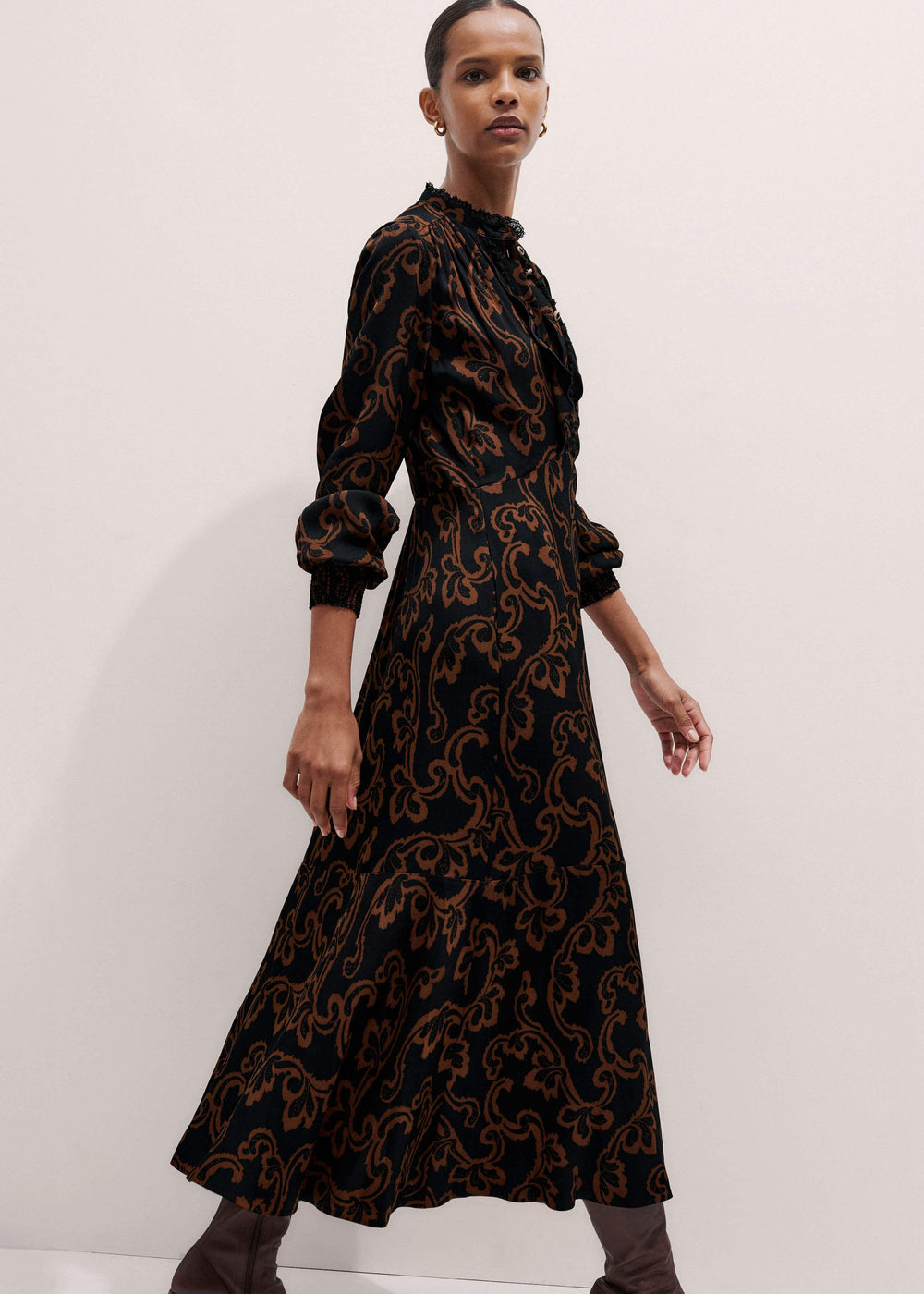 Black Floral Scroll Print Crepe Signature Maxi Dress
