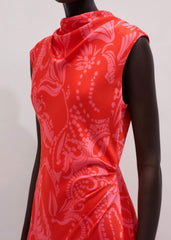 Orange Stylised Silhouette Print Bias Cut Full Length Dress