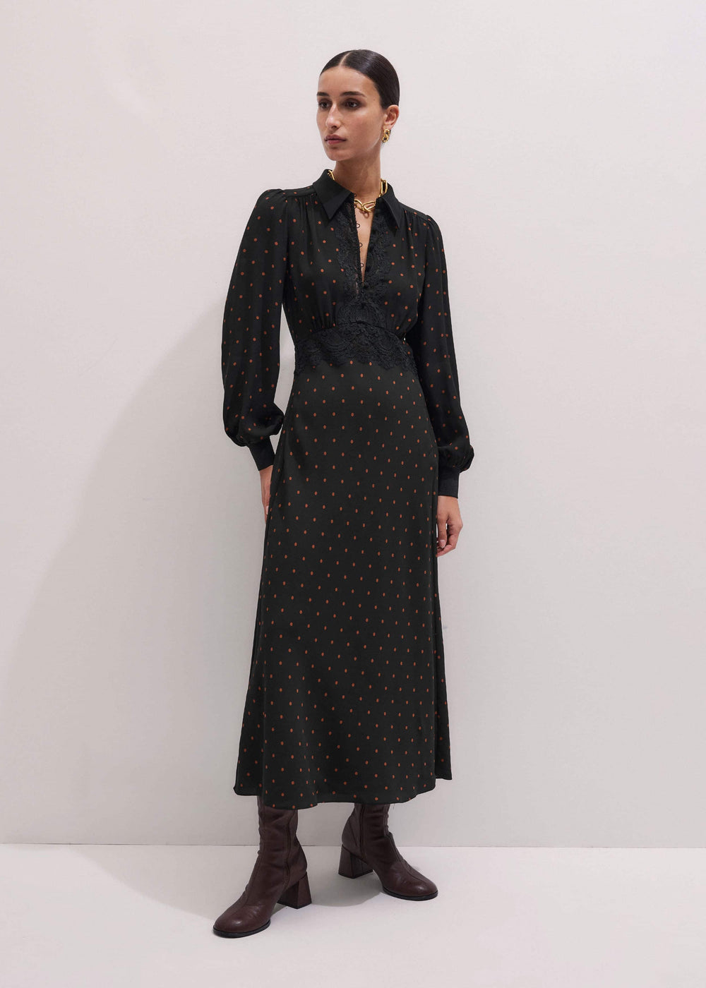 Black Winter Polka Dot Lace Trim Maxi Dress