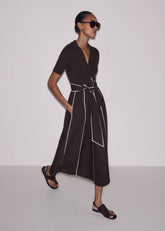 Brown Mixed Media Fit And Flare Midi Dress + Belt