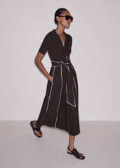Brown Mixed Media Fit And Flare Midi Dress + Belt
