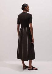 Brown Mixed Media Fit And Flare Midi Dress + Belt