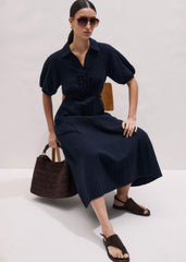 Navy Cheesecloth Intricate Detail Fit + Flare Midi Dress