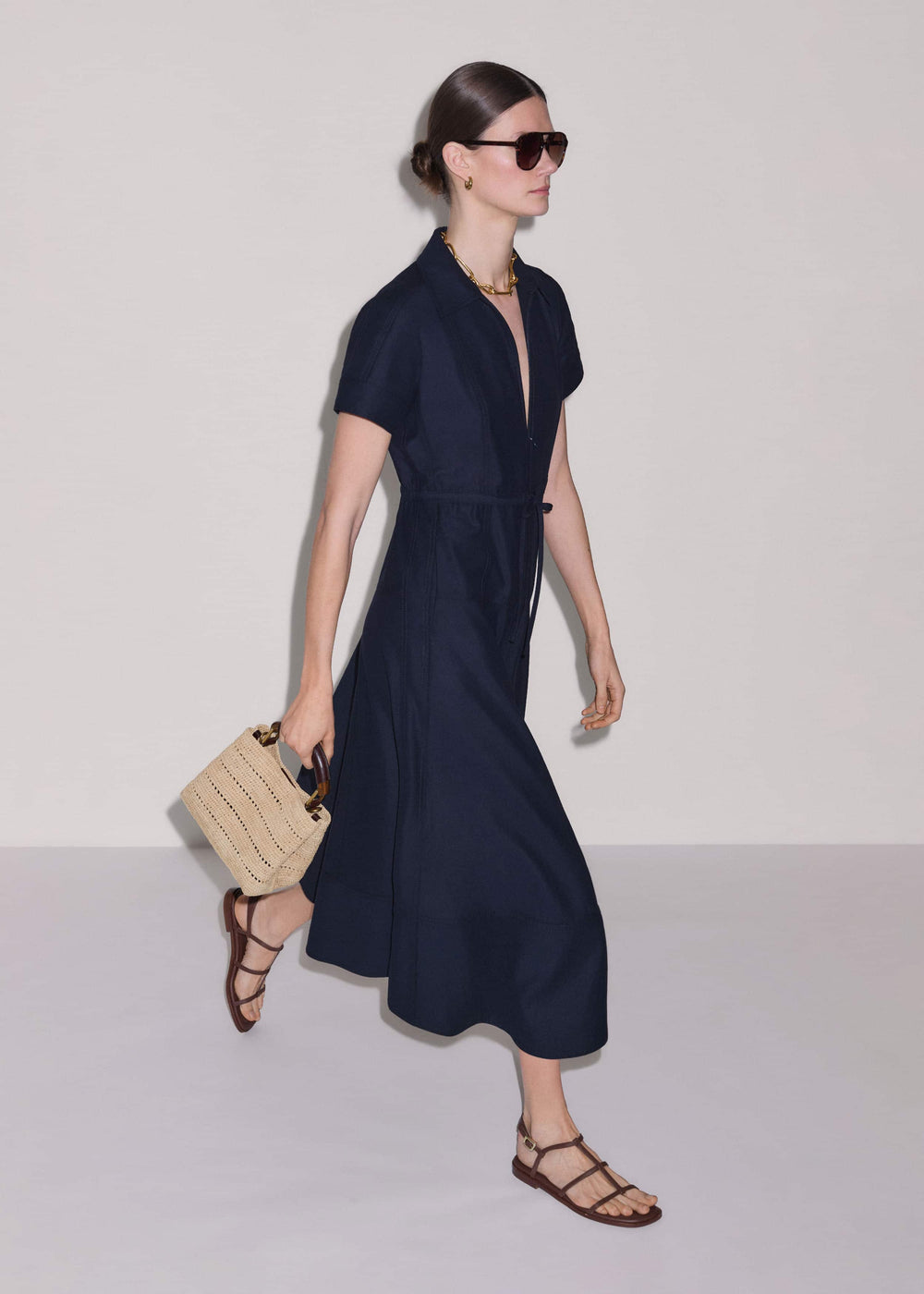 Navy Fit + Flare Shirt Midi Dress