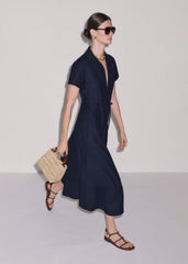 Navy Fit + Flare Shirt Midi Dress