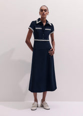 Navy Fit + Flare Fray Trim Midi Dress