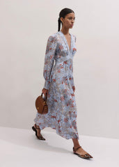 Blue Silk Delicate Paisley Print Fit + Flare Maxi Dress