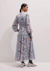 Blue Silk Delicate Paisley Print Fit + Flare Maxi Dress