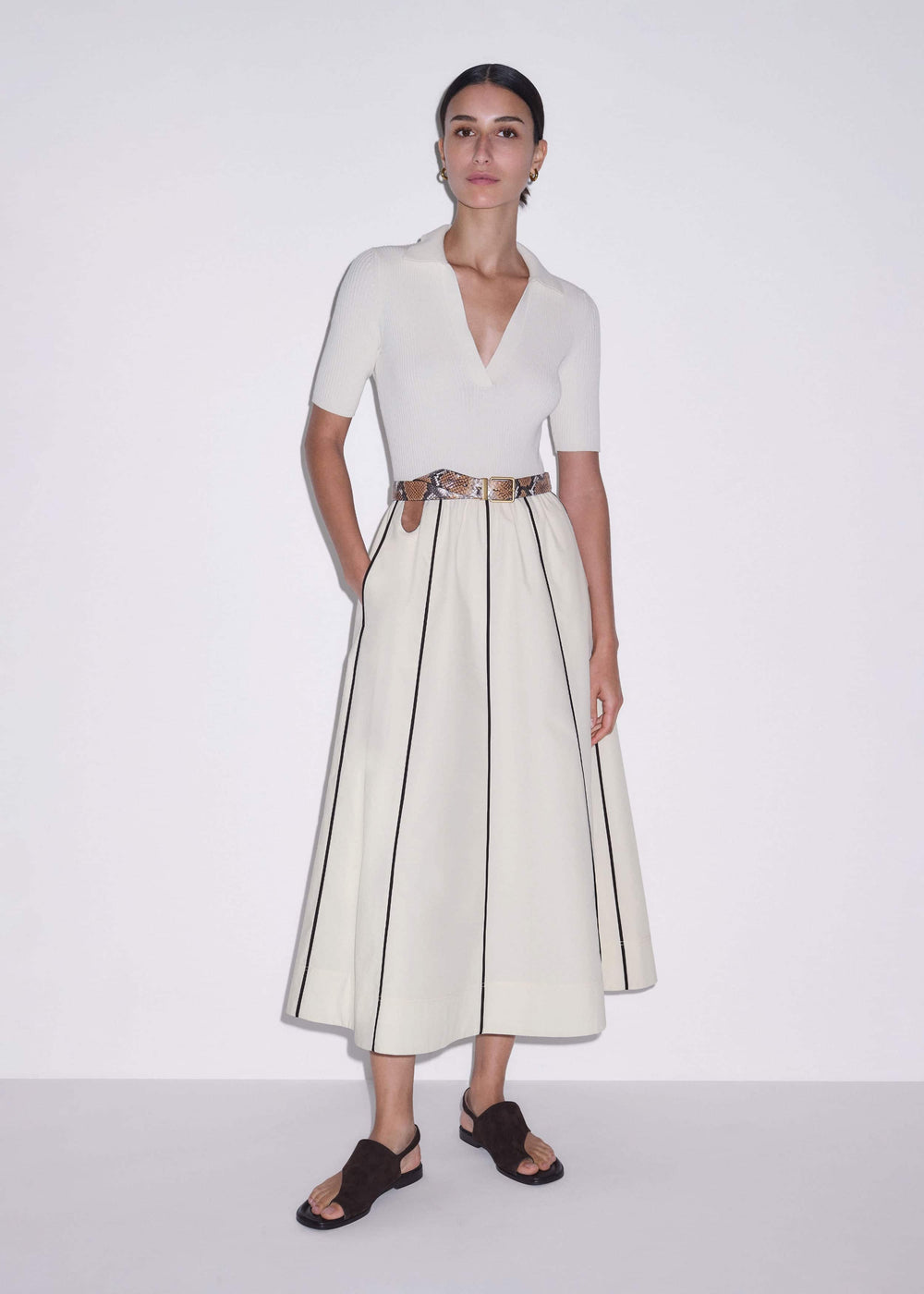 Cream Mixed Media Fit And Flare Midi Dress + Belt