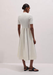 Cream Mixed Media Fit And Flare Midi Dress + Belt