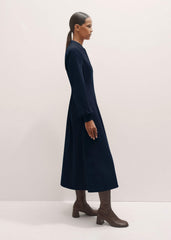 Navy Cotton Cord Pleated Midi Dress