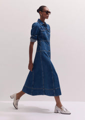 Blue Panelled Fit + Flare Midi Dress