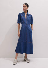 Blue Fluid Fit + Flare Midi Dress + Belt