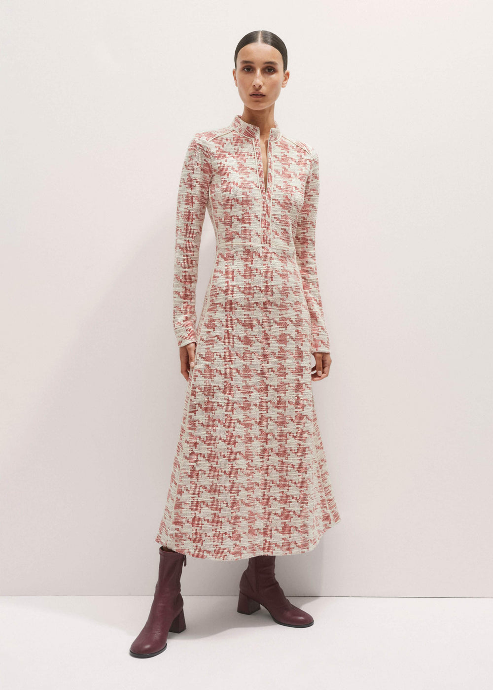 Red Exaggerated Houndstooth Midi Dress