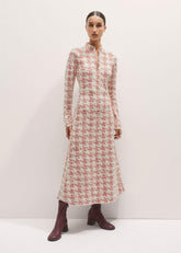 Red Exaggerated Houndstooth Midi Dress