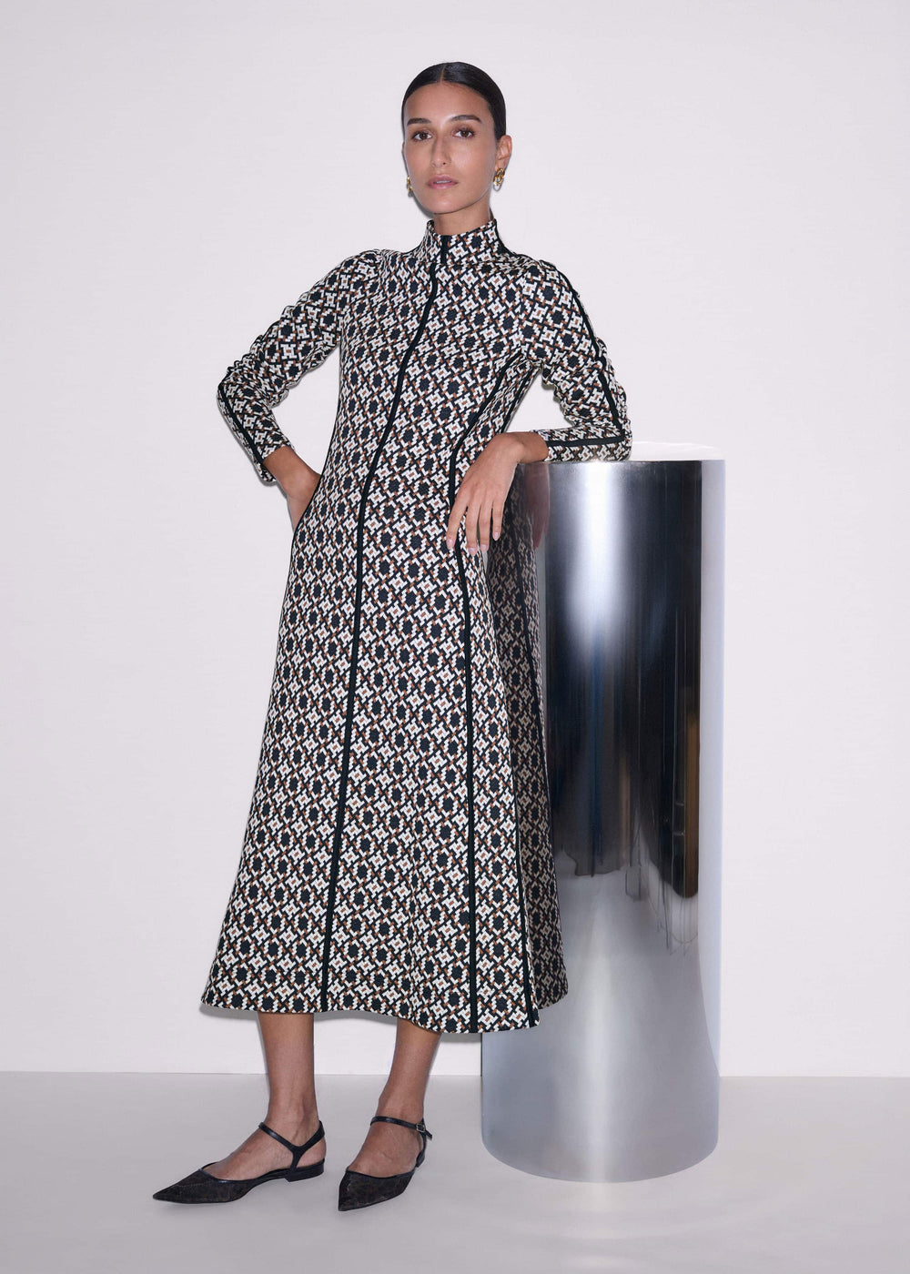 Navy Graphic Jacquard Fit and Flare Midi Dress