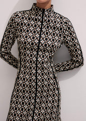 Navy Graphic Jacquard Fit and Flare Midi Dress