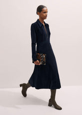 Navy Ponte Collared Cord Velour AM-PM Midi Dress