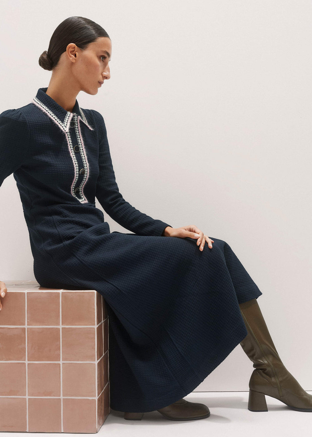 Navy Crochet Trim Fit and Flare Midi Dress