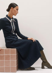 Navy Crochet Trim Fit and Flare Midi Dress
