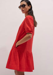 Red Embroidered Cheesecloth Short Dress