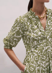 Green Entangled Lace Print Tiered Short Dress