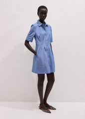 Blue Cotton Chambray Mini Shirt Dress