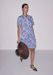 Blue Printed Tiered Short Dress