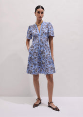 Blue Printed Tiered Short Dress