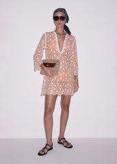Orange Floral Crochet Mini Beach Dress