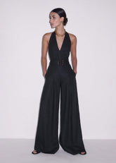 Black Crease-Less Linen Halterneck Wide Jumpsuit