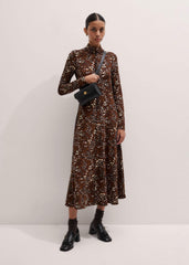 Brown Twisting Feather Print High Neck Maxi Dress