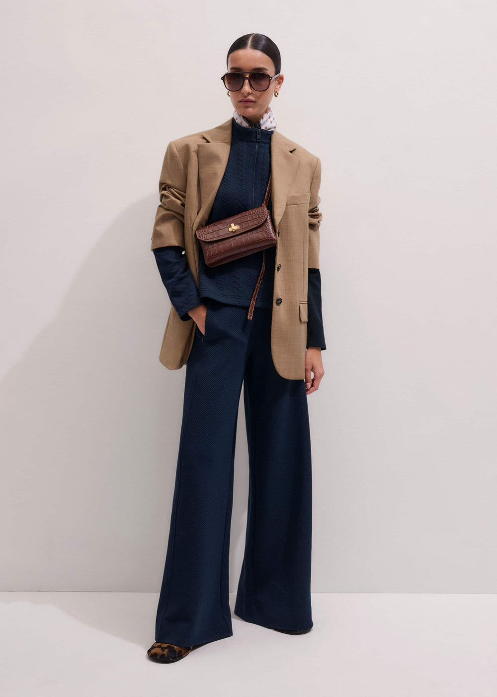 Navy Cable Jacquard Wide-Leg Pant
