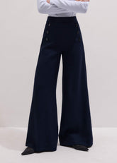 Navy Button Front High Waist Wide-Leg Pant