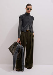 Olive Green Wide-Leg Double Pleat Pant